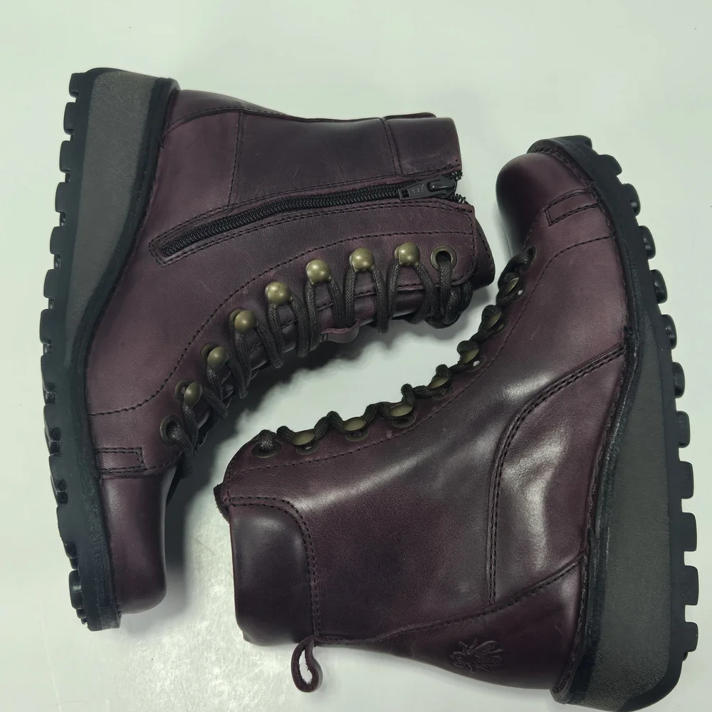 Fly London MALU001FLY Burgundy Purple Combat Hiking Ankle Boots Size EU 35 US 4